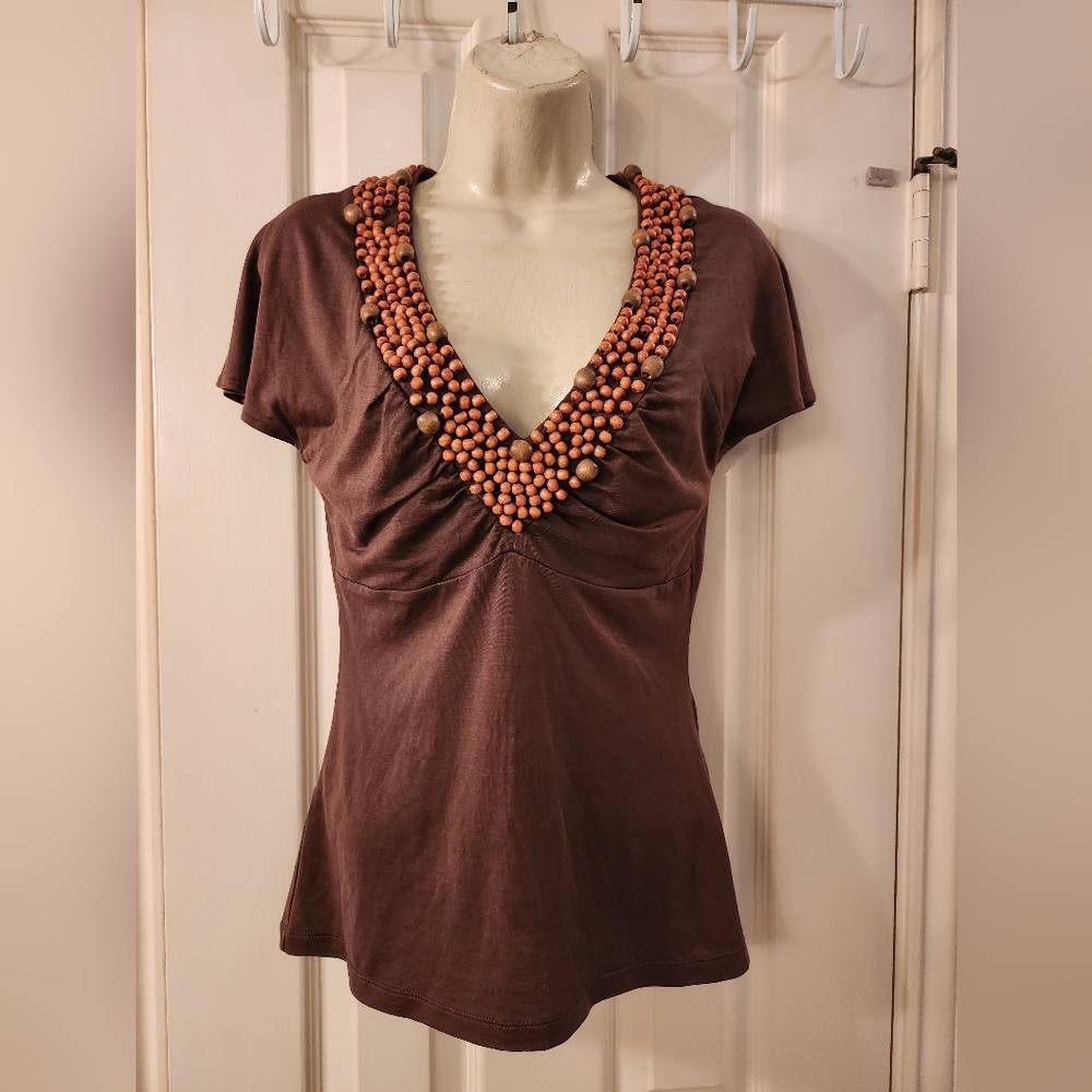 BCBGMAXAZRIA Wooden Beaded Silk Top